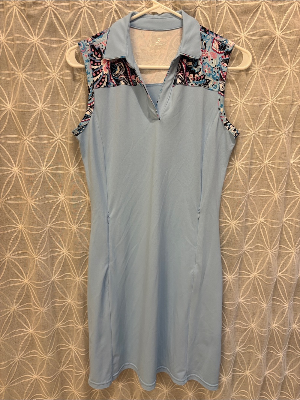 Sleeveless Light Blue Polo Dress with Paisley Trim by